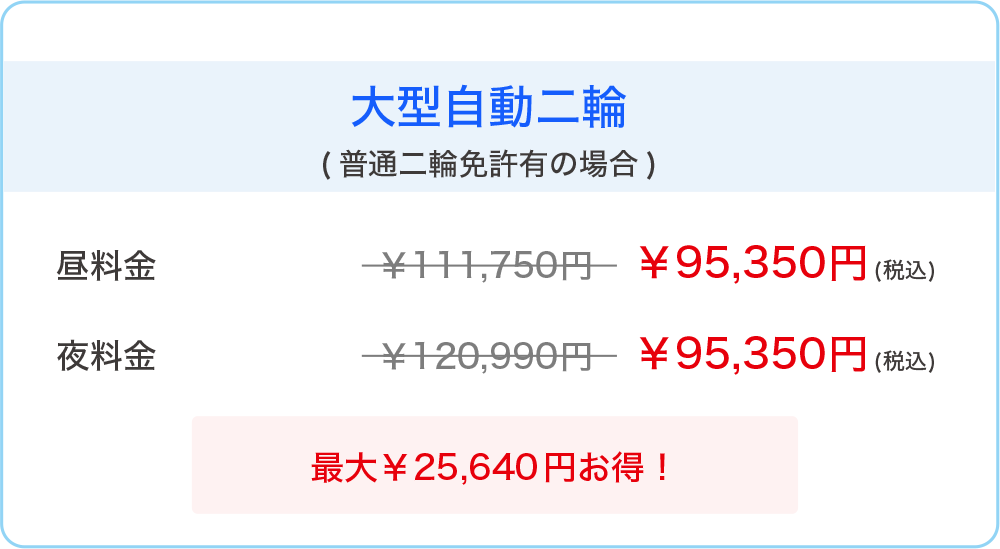 大型自動二輪免許のキャンペーン料金表（最大25,640円割引）